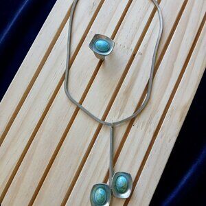 Vintage Jorgen Jensen Pewter FauxTurquoise Pendant Necklace Ring Set Denmark MCM